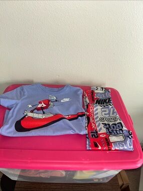 Nike Kids Lavender Tee with Red Swoosh & Printed Shorts